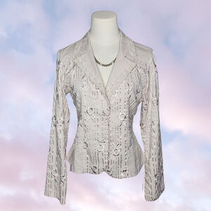Y2k Vtg Venezza Off White Coquette Floral Embroidered Beaded Lace Trim Blazer